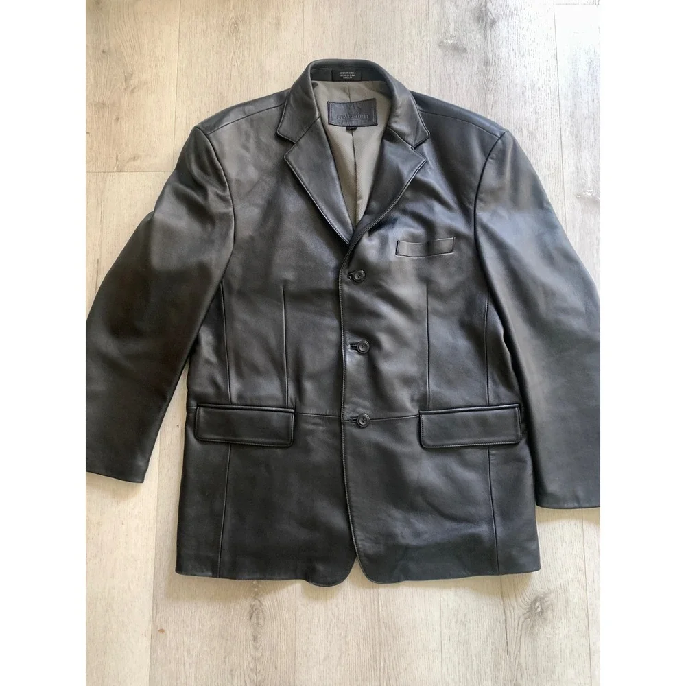 Stafford Mens Black Genuine‎ Leather Blazer 3-Button Jacket Size Large RN93677